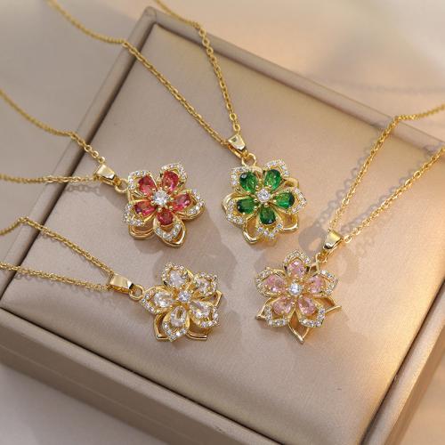 Collier en laiton cubique Zircon Micro Pave, avec 5cm chaînes de rallonge, fleur, Placage de couleur d'or, rotatif & pavé de micro zircon & pour femme, plus de couleurs à choisir, Pendant :15x15mm, Longueur:40 cm, Vendu par PC