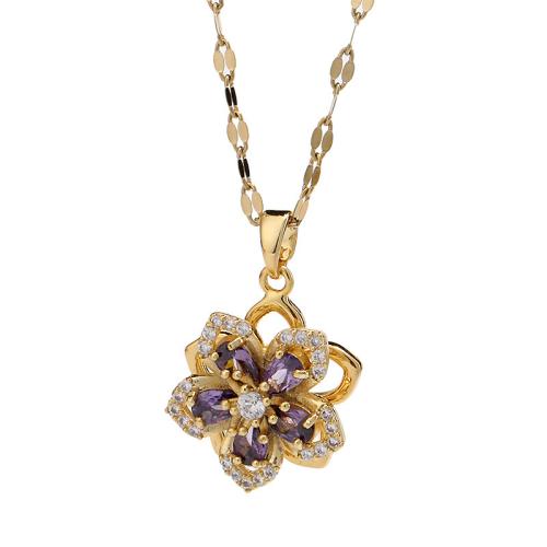 Collier en laiton cubique Zircon Micro Pave, avec zircon cubique, fleur, Placage, Double couche & rotatif & pour femme & avec strass, doré, Pendant :13x13mm, Longueur:45 cm, Vendu par PC