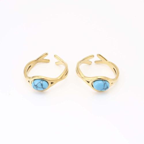 Stainless Steel Finger Ring, 304 Stainless Steel, with turquoise, fashion jewelry & for woman, golden, Inner Diameter:Approx 17mm, Sold By PC