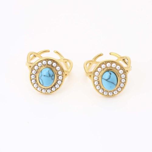 Stainless Steel Finger Ring, 304 Stainless Steel, with turquoise & Plastic Pearl, fashion jewelry & for woman, golden, Inner diameter: 17mm, Sold By PC