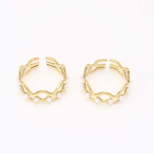 Stainless Steel Finger Ring, 304 Stainless Steel, with Plastic Pearl, fashion jewelry & for woman & hollow, golden, Inner diameter: 16mm, Sold By PC