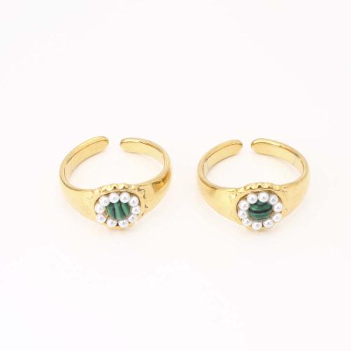 Stainless Steel Finger Ring, 304 Stainless Steel, with Malachite & Plastic Pearl, fashion jewelry & for woman, golden, Inner diameter: 17mm, Sold By PC