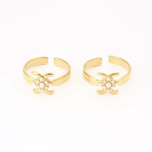 Stainless Steel Finger Ring, 304 Stainless Steel, with Plastic Pearl, fashion jewelry & for woman, golden, Inner diameter: 18mm, Sold By PC