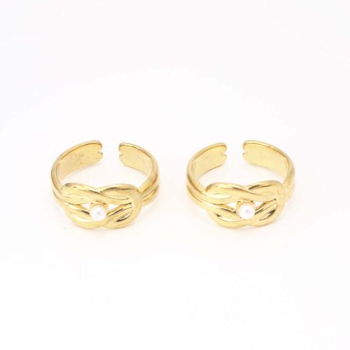 Stainless Steel Finger Ring, 304 Stainless Steel, with Plastic Pearl, fashion jewelry & for woman, golden, Inner diameter: 17mm, Sold By PC