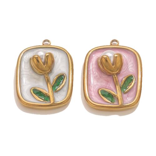 Edelstahl -Blumen-Anhänger, 304 Edelstahl, Rechteck, goldfarben plattiert, DIY & Emaille, keine, verkauft von PC