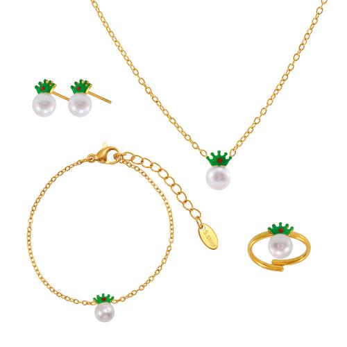 Enamel Stainless Steel Jewelry Set, 304 Stainless Steel, with Shell Pearl, plated, Girl & different styles for choice, golden, Sold By PC
