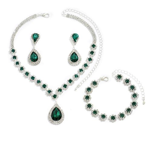 Tibetan Style Jewelry Set, Stud Earring & bracelet & necklace, with Crystal, plated, three pieces & for bridal & with rhinestone, more colors for choice, Sold By Set