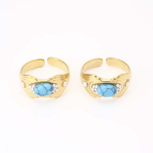 Stainless Steel Finger Ring, 304 Stainless Steel, with turquoise & Plastic Pearl, fashion jewelry & for woman, golden, Inner Diameter:Approx 17mm, Sold By PC