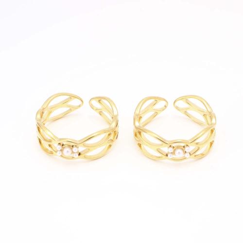 Stainless Steel Finger Ring, 304 Stainless Steel, with Plastic Pearl, fashion jewelry & for woman & hollow, golden, Inner diameter: 17mm, Sold By PC