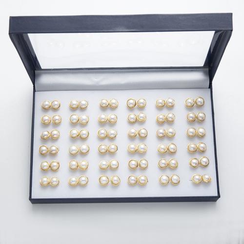 Freshwater Pearl Stud Earring, with Alloy, gold color plated, fashion jewelry, white, 12x12mm, 36Pairs/Box, Sold By Box