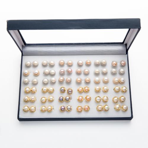 Freshwater Pearl Stud Earring, with Alloy, gold color plated, fashion jewelry & with rhinestone, more colors for choice, 11x11mm, 36/Box, Sold By Box