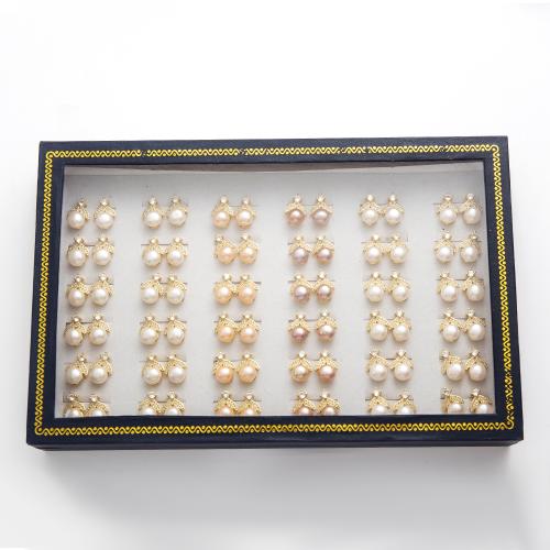 Freshwater Pearl Stud Earring, with Alloy, gold color plated, fashion jewelry & with rhinestone, more colors for choice, 10x15x13mm, 36/Box, Sold By Box