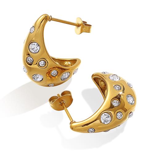 304 Stainless Steel Stud Earring, 18K gold plated, fashion jewelry & for woman & with rhinestone, Sold By Pair