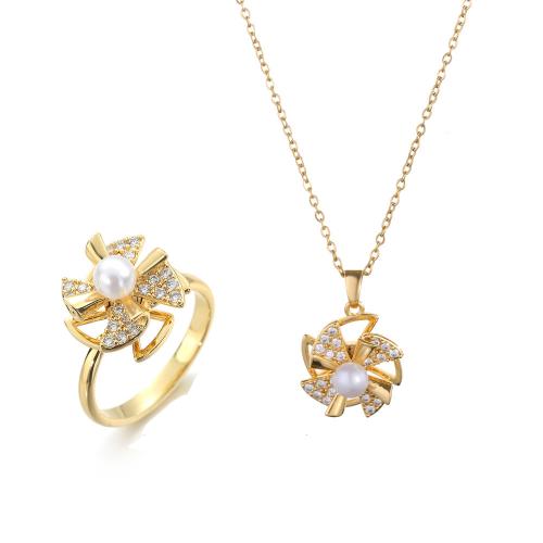 Brass Jewelry Set, with Plastic Pearl, Pinwheel, rotatable & different styles for choice & micro pave cubic zirconia & for woman, golden, Sold By PC