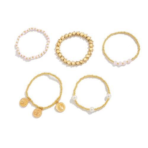 Tibetan Style Bracelet Set, with Seedbead & Elastic Thread & Copper Coated Plastic & Plastic Pearl, plated, 5 pieces & fashion jewelry & for woman, golden, Sold By Set