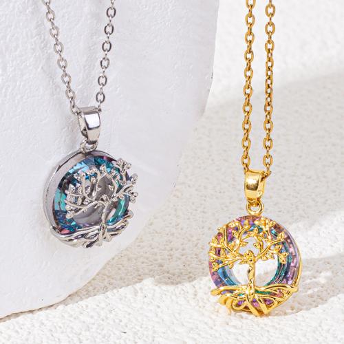 304 Stainless Steel Necklace, with Glass & Brass, with 5cm extender chain, plated, fashion jewelry & for woman & hollow, more colors for choice, Pendant:1.4cm, Length:40 cm, Sold By PC