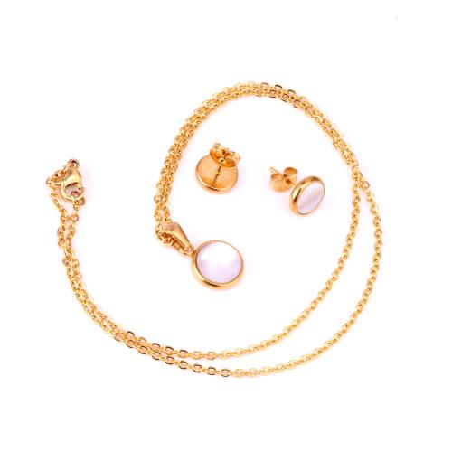 Sets de Nácar, Pendiente de stud & collar, acero inoxidable 304, con Nácar Blanca, Esférico, chapado, 2 piezas & Joyería & para mujer, más colores para la opción, Vendido por Set