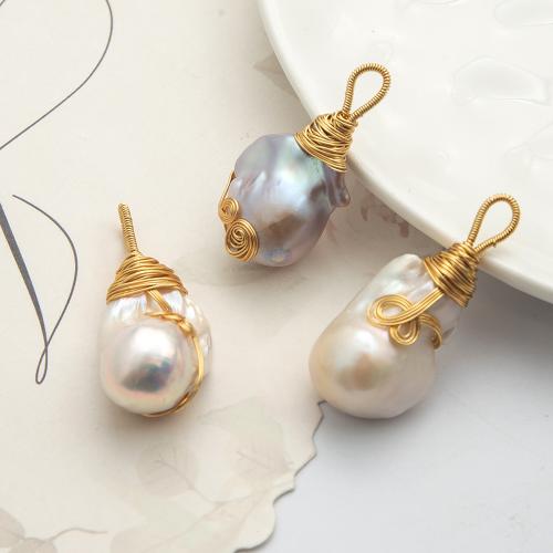 Freshwater Pearl Pendants, with Alloy, gold color plated, fashion jewelry, white, 30x29mm, Sold By PC