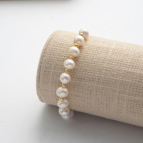 Freshwater Pearl Bracelet, with Alloy, Round, gold color plated, fashion jewelry, white, Inner Diameter:Approx 55mm, Sold By PC