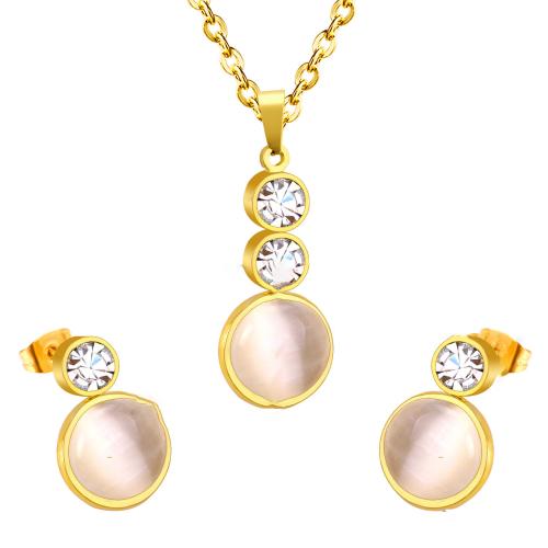 Cubic Zirconia Stainless Steel Jewelry Sets, Stud Earring & necklace, 304 Stainless Steel, with Cubic Zirconia & Cats Eye, Round, plated, 2 pieces & fashion jewelry & for woman, more colors for choice, Sold By Set