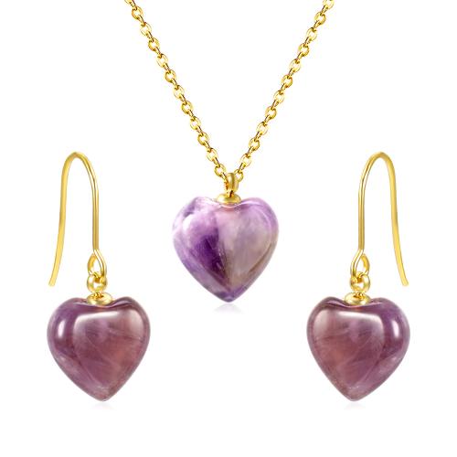 Natural Gemstone Jewelry Sets, earring & necklace, 304 Stainless Steel, with Gemstone, Heart, gold color plated, 2 pieces & different materials for choice & for woman, more colors for choice, Sold By Set