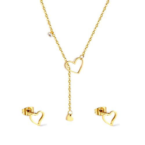 Conjuntos de joyería Rhinestone, Pendiente de stud & collar, acero inoxidable 304, Corazón, chapado en color dorado, 2 piezas & para mujer & con diamantes de imitación & hueco, Vendido por Set