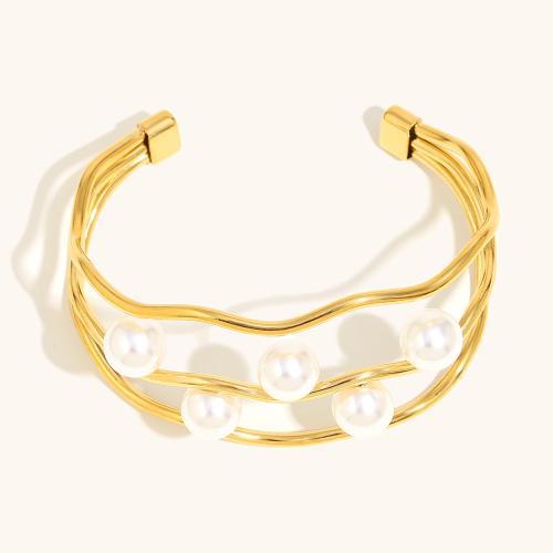 304 Stainless Steel Cuff Bangle, with Plastic Pearl, 18K gold plated, three layers & fashion jewelry & for woman, Sold By PC