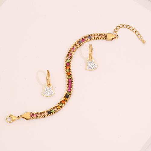 Rhinestone Jewelry Sets, bracelet & earring, 304 Stainless Steel, gold color plated, 2 pieces & for woman & with rhinestone, more colors for choice, Sold By Set