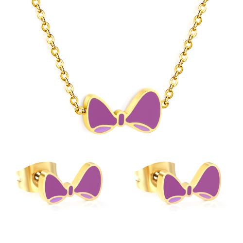 Fashion Stainless Steel Jewelry Sets, Stud Earring & necklace, 304 Stainless Steel, Bowknot, gold color plated, 2 pieces & for woman & enamel, Sold By Set