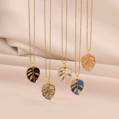 Stainless Steel Jewelry Necklace, 304 Stainless Steel, Leaf, gold color plated, for woman & enamel & with rhinestone, more colors for choice, Sold By PC
