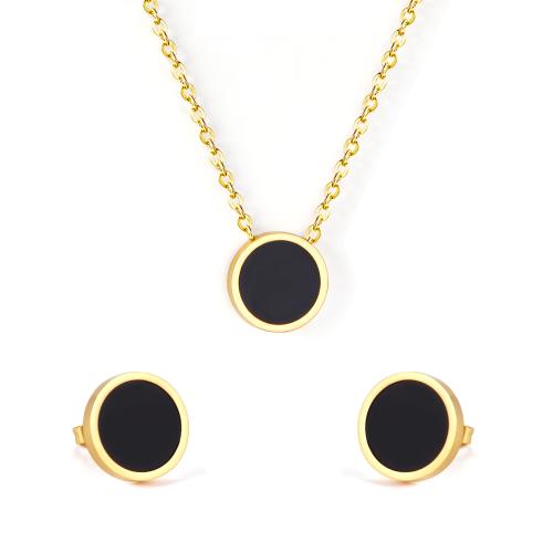 Shell Jewelry Sets, Stud Earring & necklace, 304 Stainless Steel, with Black Shell, Round, plated, 2 pieces & fashion jewelry & for woman, more colors for choice, Sold By Set