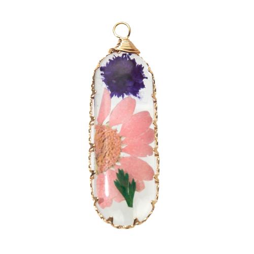Brass Pendant, with Dried Flower & Resin, plated, DIY & epoxy gel, more colors for choice, nickel, lead & cadmium free, 13.86x5.50x42.20mm, Sold By PC