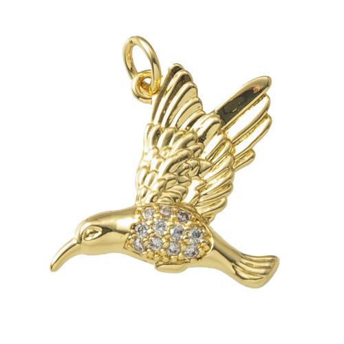 Befestigter Zirkonia Messing Anhänger, Vogel, plattiert, Modeschmuck & Micro pave Zirkonia, goldfarben, frei von Nickel, Blei & Kadmium, 17.85x3.28x21.50mm, verkauft von PC