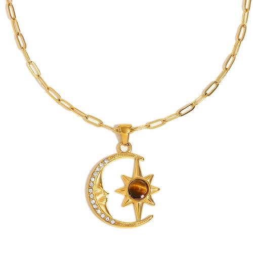 Natural Gemstone Necklace, 304 Stainless Steel, with Tiger Eye, Moon and Star, 18K gold plated, for woman & with rhinestone & hollow, Sold By PC