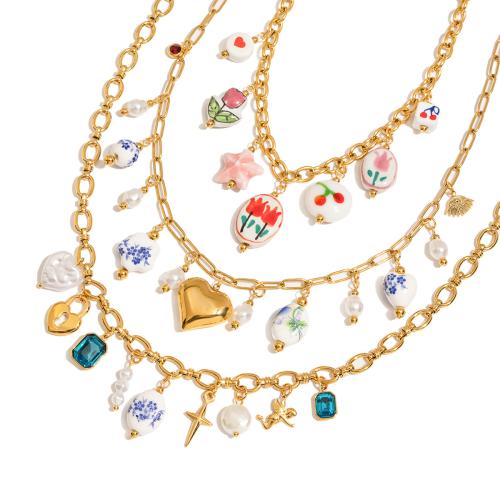 Stainless Steel Jewelry Necklace, 304 Stainless Steel, with Porcelain & Plastic Pearl, plated, fashion jewelry & different styles for choice & for woman, Sold By PC