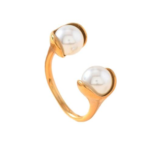 Stainless Steel Finger Ring, 304 Stainless Steel, with Plastic Pearl, plated, fashion jewelry & for woman, golden, Sold By PC