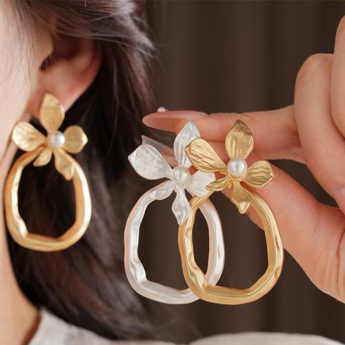 Tibetan Style Drop Earring, with Plastic Pearl, Flower, plated, fashion jewelry & for woman & hollow, more colors for choice, 30x60mm, Sold By Pair