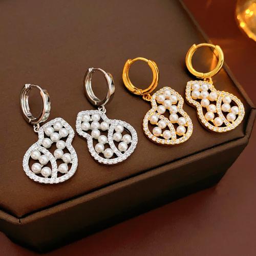 Brass Huggie Hoop Drop Earring, with Plastic Pearl, Calabash, plated, micro pave cubic zirconia & for woman, more colors for choice, 17x35mm, Sold By Pair
