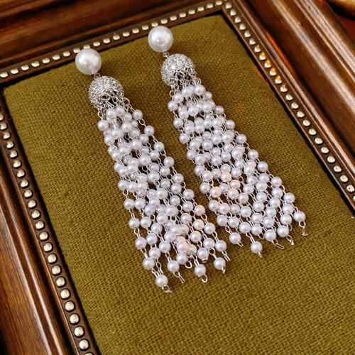 Brass Tassel Earring, with Plastic Pearl, silver color plated, micro pave cubic zirconia & for woman, 15x75mm, Sold By Pair