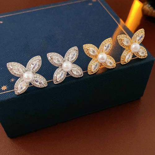 Brass Stud Earring, with Plastic Pearl, Flower, plated, micro pave cubic zirconia & for woman, more colors for choice, 23x23mm, Sold By Pair
