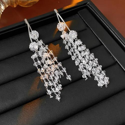 Brass Tassel Earring, with Crystal, silver color plated, micro pave cubic zirconia & for woman, 15x100mm, Sold By Pair