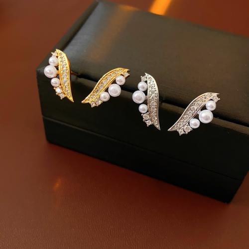 Brass Stud Earring, with Plastic Pearl, Leaf, plated, micro pave cubic zirconia & for woman, more colors for choice, 10x20mm, Sold By Pair