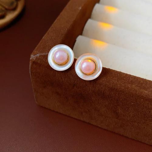 Brass Stud Earring, with White Shell & Plastic Pearl, Round, plated, fashion jewelry & for woman, 12x12mm, Sold By Pair