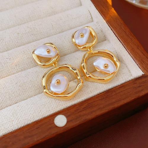 Brass Drop Earring, with Plastic Pearl, Geometrical Pattern, gold color plated, for woman & hollow, 20x32mm, Sold By Pair