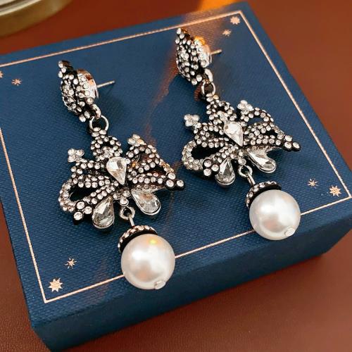 Tibetan Style Drop Earring, with Plastic Pearl, Bowknot, silver color plated, for woman & with rhinestone, 30x70mm, Sold By Pair