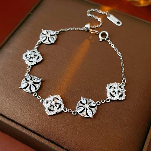 Brass Bracelet, Four Leaf Clover, silver color plated, micro pave cubic zirconia & for woman & hollow, Length:Approx 8.3 Inch, Sold By PC