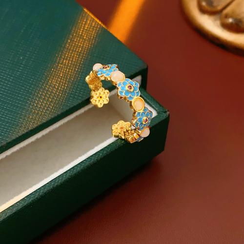 metal Anillo de dedo Cuff, con resina, Flor, chapado en color dorado, para mujer & esmalte, tamaño:6-8, Vendido por UD