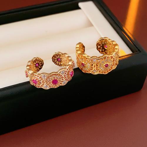 metal Anillo de dedo Cuff, Flor, chapado en color dorado, diferentes estilos para la opción & micro arcilla de zirconia cúbica & para mujer, tamaño:6-8, Vendido por UD