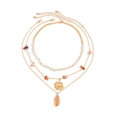 Collar Multi de la capa, aleación de zinc, con Cobre+Recubierto+Hierro & Grava natural & Cristal, chapado, tres piezas & Joyería & para mujer, dorado, Vendido por UD