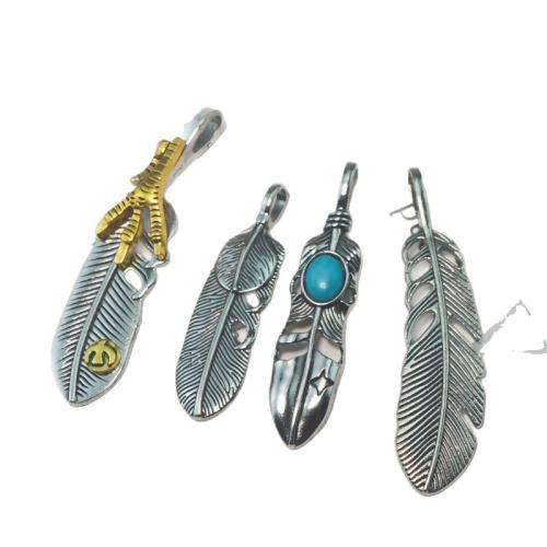 Tibetan Style Feather Pendants, with Gemstone, plated, DIY, silver color, 3/Set, Sold By Set